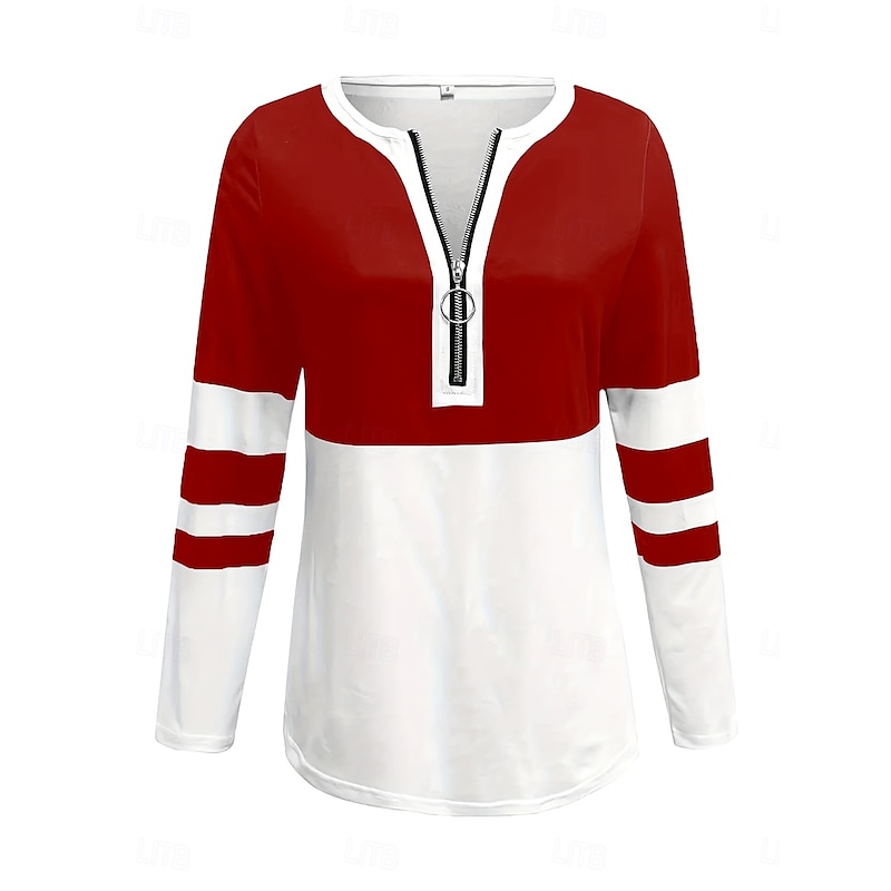 Women's T shirt Long Sleeve Graphic Color Block Striped Elegant Vintage Stylish Long Sleeve V Neck Regular Tops Daily Weekend Zipper Print Black Red Royal Blue Spring Fall Prefall4