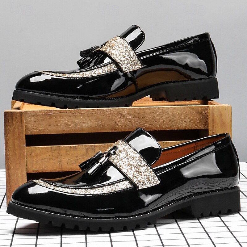 Men's Black Patent Leather Loafers with Glitter Strap – Fashion Slip-On Dress Shoes for Parties, Weddings and Evening Events4