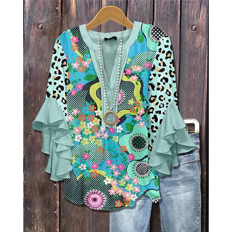 Women's T Shirt Floral Fashion Modern 3/4 Length Sleeve V Neck Regular Tops Daily Ruffle Print Green Summer