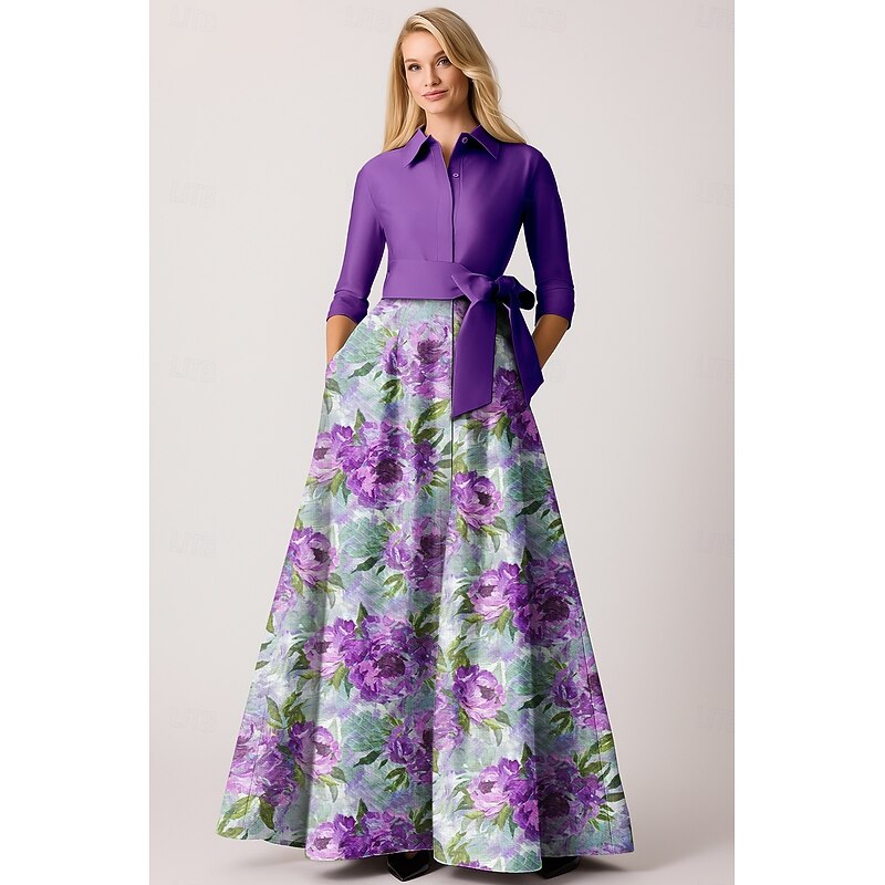 Purple Blue A-Line Mother of the Bride Dress Elegant Bateau Neck Floor Length Pinstripe Long Sleeve with Color Block2