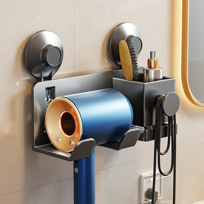 Suction Cup Hair Dryer Storage Organizer with Shelf for Bathroom. Reusable, Rustproof, Wall Mounted. No Drill, No Glue, Nail Free
