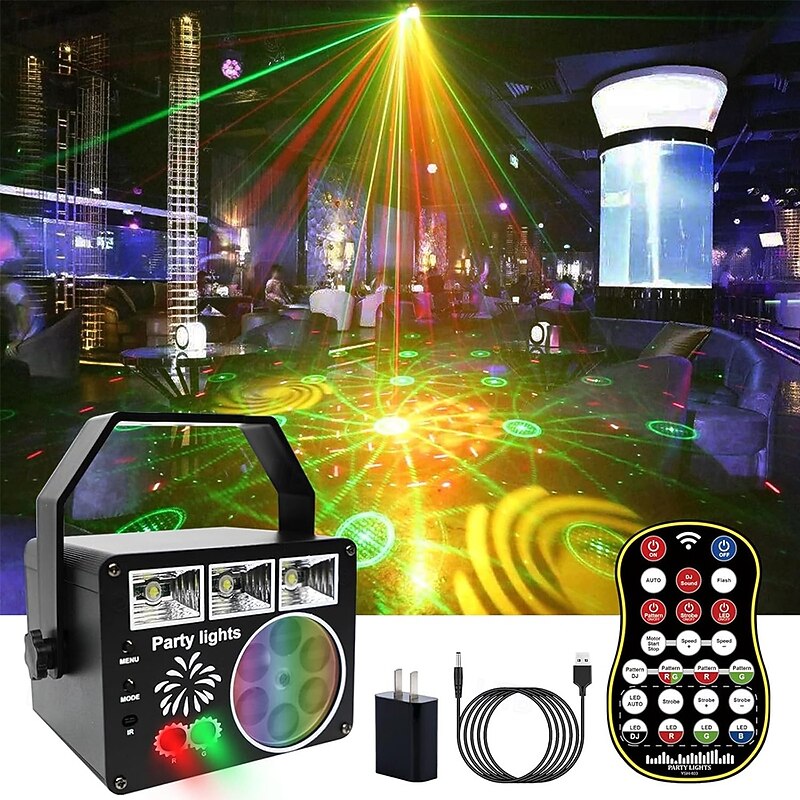 Party Lights with LED Pattern Projection 3-in-1 Sound Activated DJ Lights RGB Projector with Remote Control for Home Karaoke Birthday Wedding Dance Floor Decoration