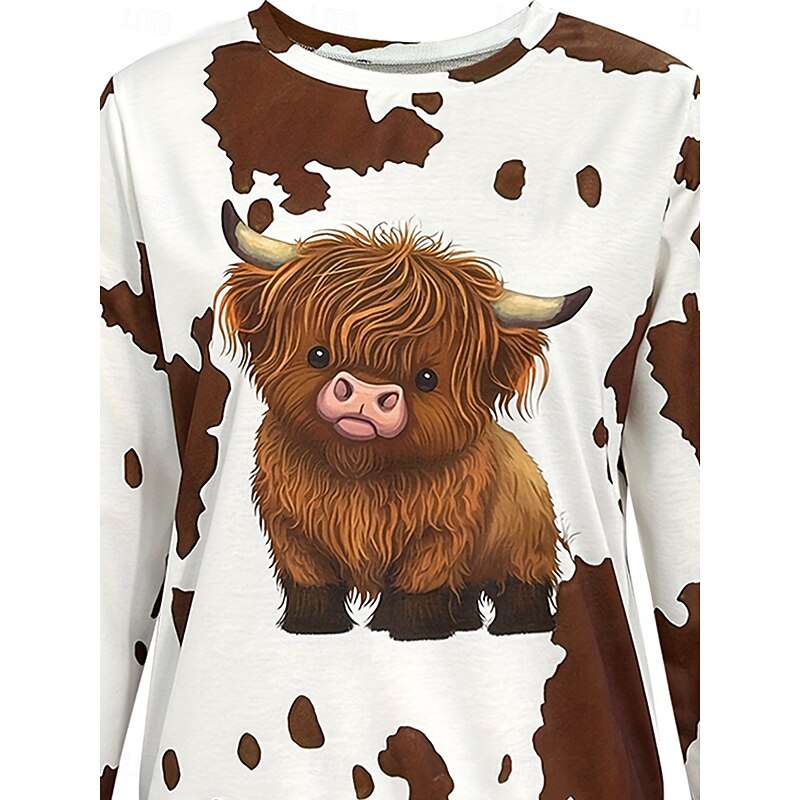Women's T shirt Long Sleeve Graphic Animal Cow Vintage Stylish Casual Long Sleeve Crew Neck Regular Tops Daily Print Light Brown  Spring Fall Prefall3