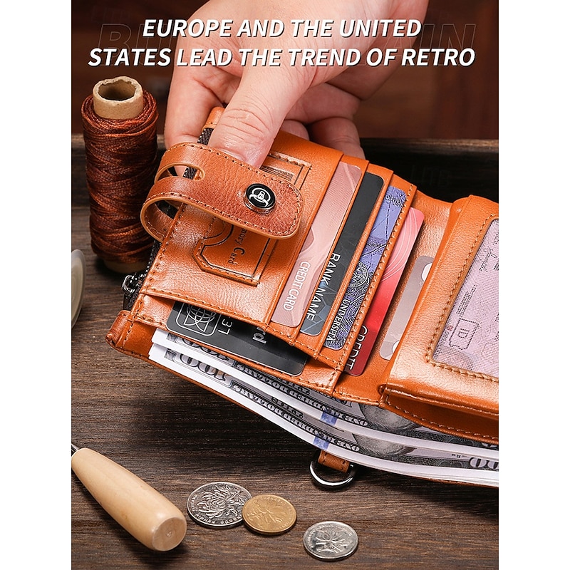 Men's Genuine Leather RFID Blocking Wallet with Chain, Anti-Theft Brush Lining, Wear-Resistant Bifold Purse for Travel, Work and Daily Use2