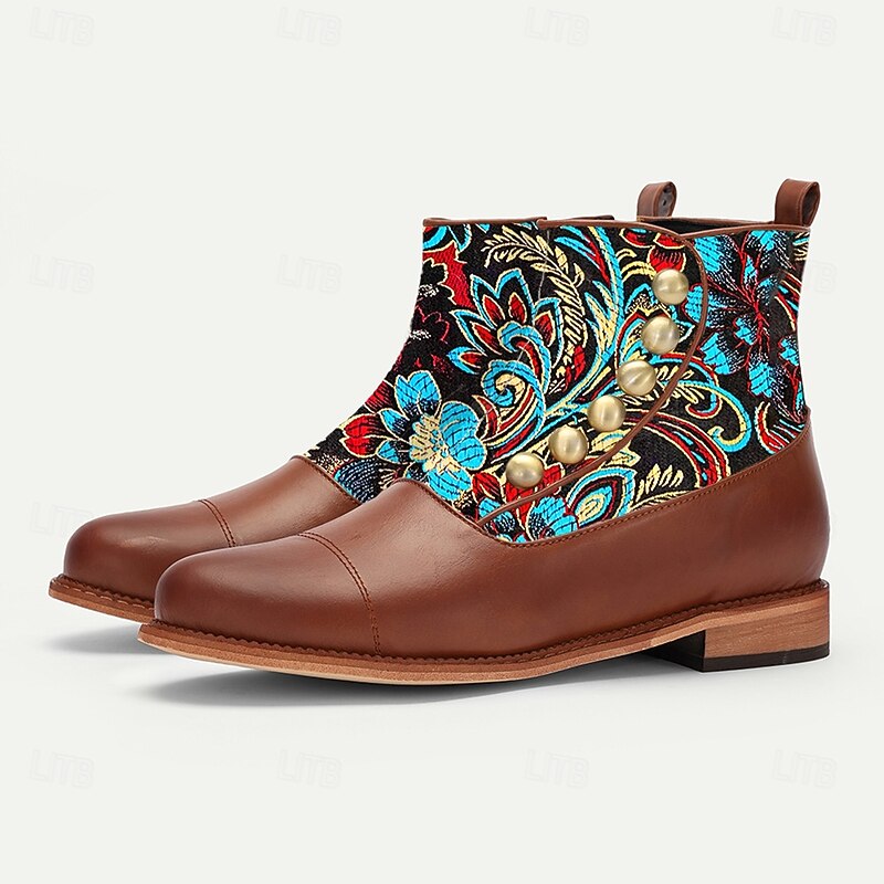 Men's Brown and Blue Jacquard Fabric Ankle Boots with Embroidered Pattern, Retro Fashion Statement Boots for Party, Stage Performance and Special Events2