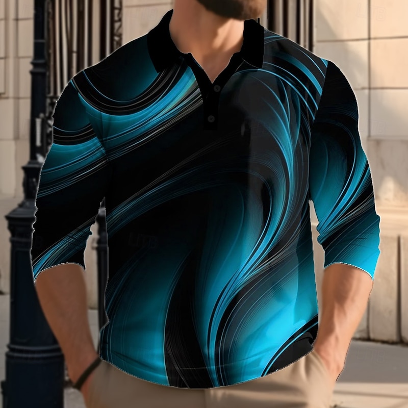 Men's Abstract Geometic Polo Long Sleeve Polo Shirts Lapel Casual Street Athleisure Daily Wear 3D Print Buttons Spring Fall Winter Blue Purple Green2