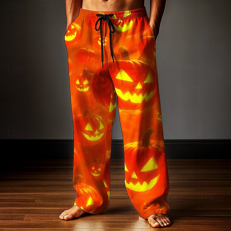 Halloween Men's Pumpkin Halloween Costumes Trousers Baggy Pants Casual Pants Mid Waist Dark Gothic Style Holiday Elastic Drawstring Waist Linen-Like Pants with Pockets Spring Fall 3D Print Blue Orange