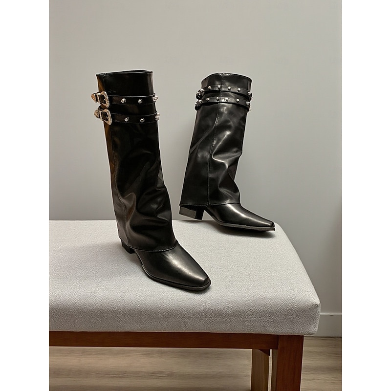 Women's Brown Knee-High Boots with Fold-Over Shaft Design and Double Buckle Straps, Stylish Urban Fashion Footwear2