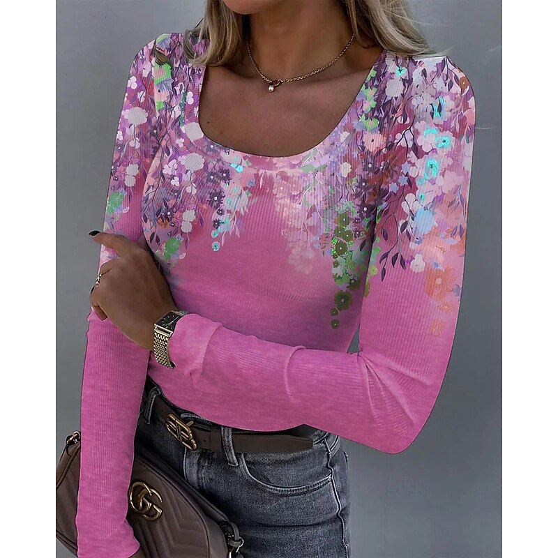 Women's T shirt Long Sleeve Ribbed Graphic Square Neck Long Sleeve Casual Tunic Floral Plants Vintage Stylish Regular Tops Daily Print Pink Blue Purple Orange Green Spring Fall Prefall3