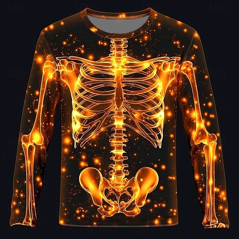 Halloween Day of the Dead Skull Men's 3D Skeleton T Shirt Long Sleeve T shirt 3D Print Crew Neck Shirt Fashion Exaggerated Street Daily Blue Purple Orange Summer Spring Fall Clothing Apparel