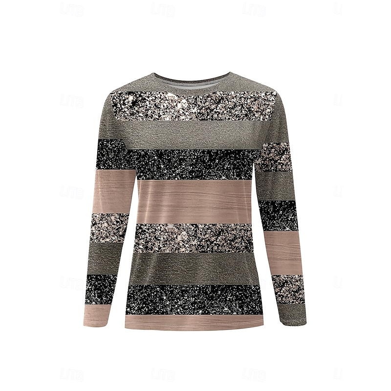 Women's T Shirt Graphic Geometric Striped Vintage Stylish Classic Long Sleeve Crew Neck Round Neck Regular Tops Daily Print Khaki Spring Fall Winter3