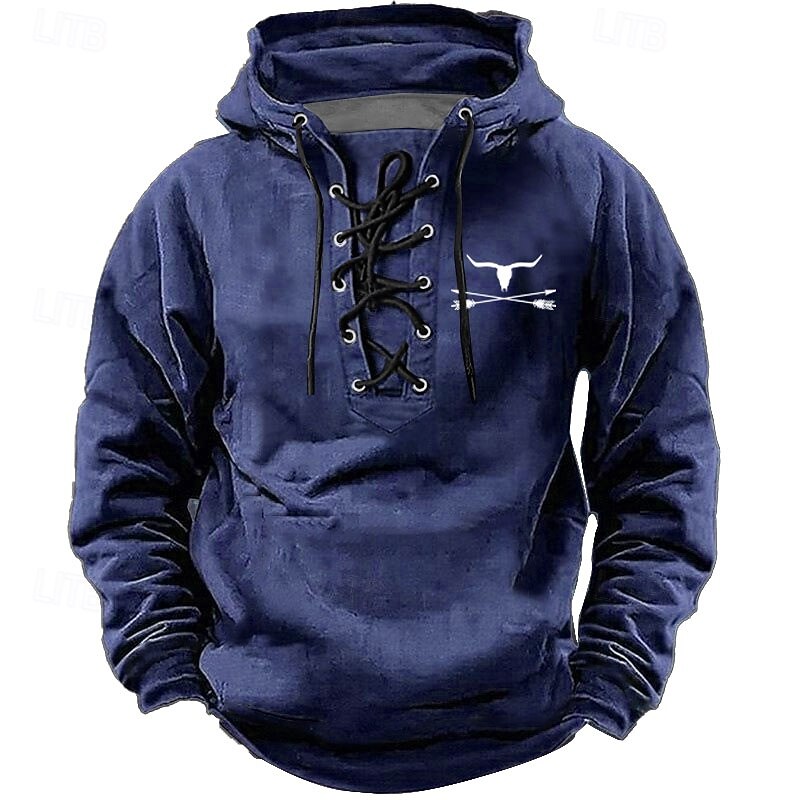 Men's Cowboy Hoodie Sweatshirt Stylish Ethnic Hooded Streetwear Black Blue Drawstring Fall Winter Designer3