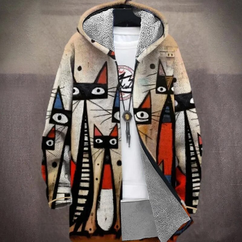Men's Animal Winter Coat Fleece Jacket Coat Thermal Warm Comfortable Casual Daily Wear Zipper Pocket 3D Print Fall Winter Hooded Long Sleeve Red Blue Brown2