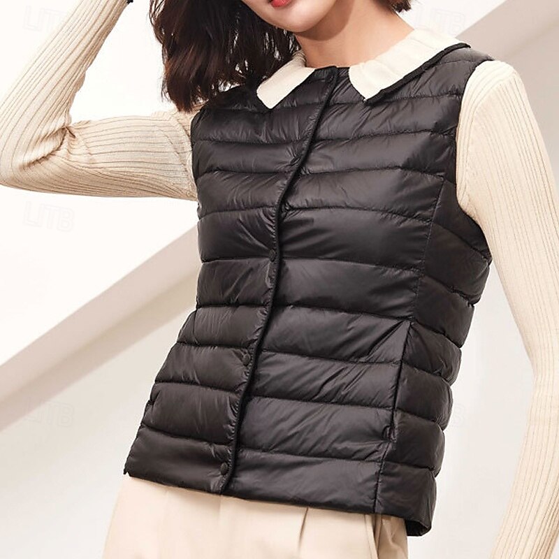 Women's Vest Warm Comfortable Pocket Buttons Casual Plain Holiday Going out Casual Daily Weekend Single Breasted Regular Crewneck Regular Fit Sleeveless Outerwear Black Khaki Beige Fall Winter3