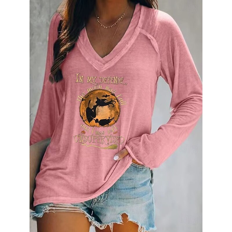 Halloween Women's T shirt Witch Long Sleeve V Neck Long Sleeve Graphic Casual Letter Vintage Stylish Western Tops Daily Weekend Vacation Wear Print Black White Pink Red Blue Spring Fall Prefall4