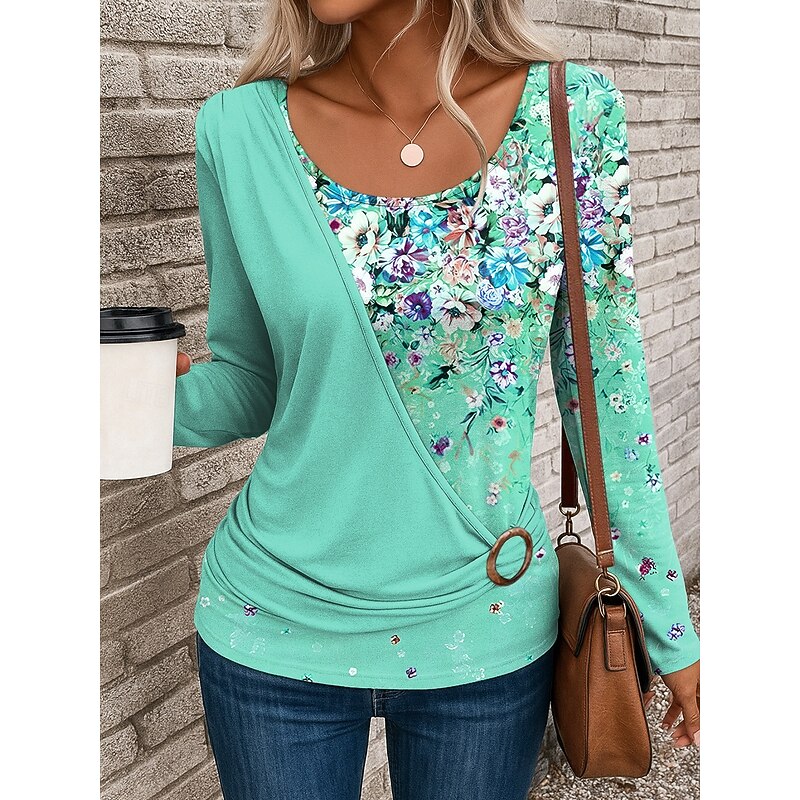 Women's T Shirt Floral Graphic Vintage Stylish Casual Long Sleeve Crew Neck Regular Tops Daily Patchwork Print Yellow Pink Blue Purple Green Fall Winter4