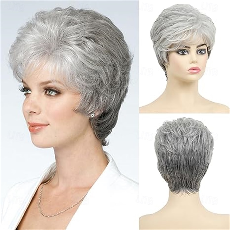 Short Curly Gray Wig Light Grey Wavy Wig For White Women Sliver Gray Synthetic Wig with Bangs Full Puffy Curly Old Grandma Cosplay Wigs for Women