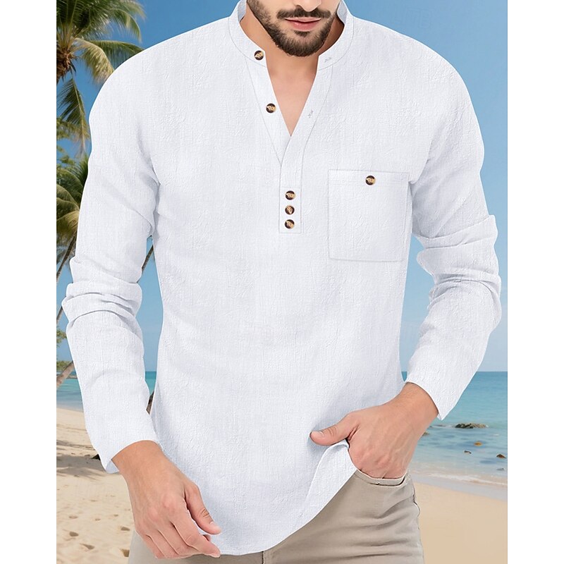 Men's Shirt Popover Shirt Summer Shirt Casual Shirt Beach Shirt Black White Yellow Navy Blue Sky Blue Long Sleeve Plain Band Collar Vacation Hawaiian Front Pocket Clothing Apparel Linen Fashion3