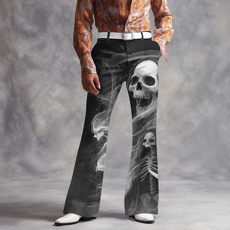 Halloween Men's Skull Smoke Halloween Costumes Disco Pants 60s 70s Bell Bottoms Mid Waist Dark Gothic Style Outdoor Holiday Side Pockets Flared Leg Pants Trousers Spring Fall 3D Print Purple Green4