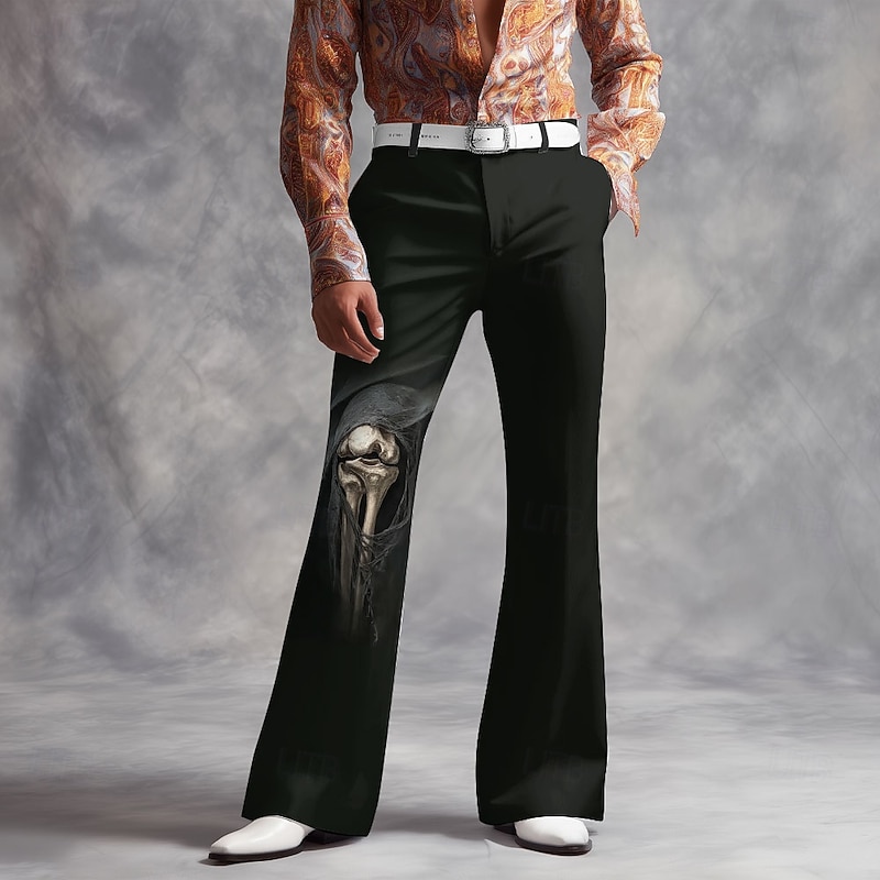 Halloween Men's Skeleton Halloween Costumes Disco Pants 60s 70s Bell Bottoms Mid Waist Dark Gothic Style Outdoor Holiday Side Pockets Flared Leg Pants Trousers Spring Fall 3D Print Black 1 Black2