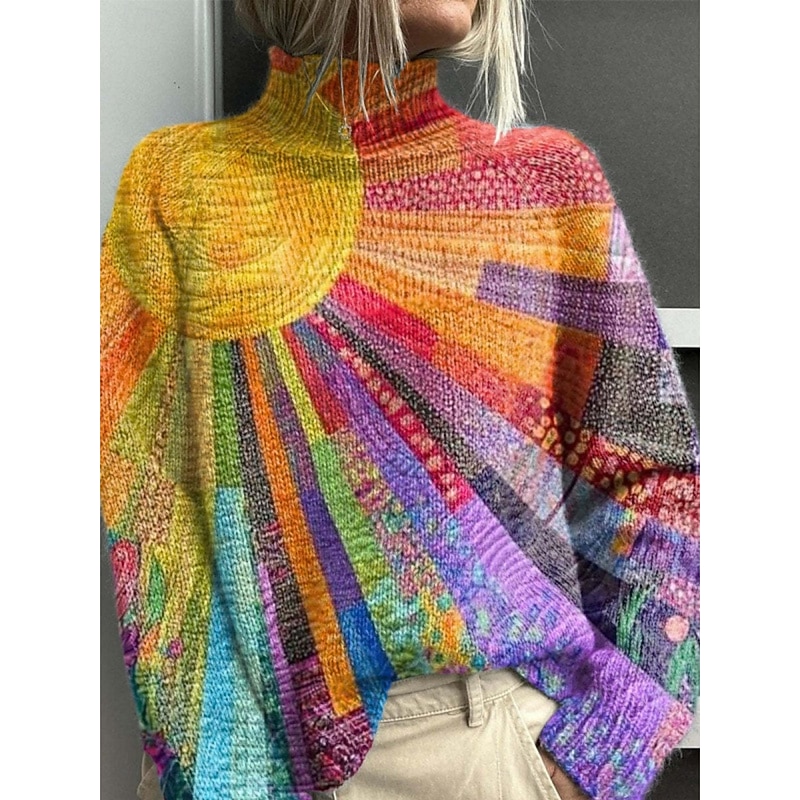 Women's Sweater Casual Soft Color Block Ribbed Turtleneck Knitted Print Long Sleeve Regular Tops Knit Outdoor Daily Weekend Yellow Blue Fall Winter3