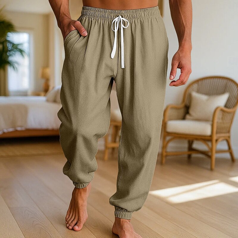 Men's Linen Pants Trousers Summer Pants Beach Pants Drawstring Elastic Waist Elastic Cuff Plain Comfort Breathable Full Length Casual Daily Holiday Vacation Fashion Navy Blue Green Micro-elastic3
