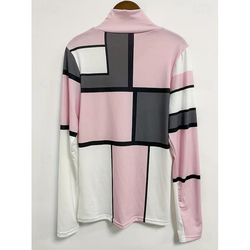 Women's T Shirt Graphic Geometric Color Block Elegant Vintage Stylish Long Sleeve High Neck Asymmetric Neck Regular Tops Daily Print Tiered Black Pink Green Spring Fall Winter3