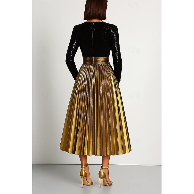 Black and Gold A-Line Cocktail Dresses Elegant Dress Formal Wedding Midi Length Long Sleeve Crew Neck Stretch Sequined with Metallic Golden Pleats and Pockets 20252