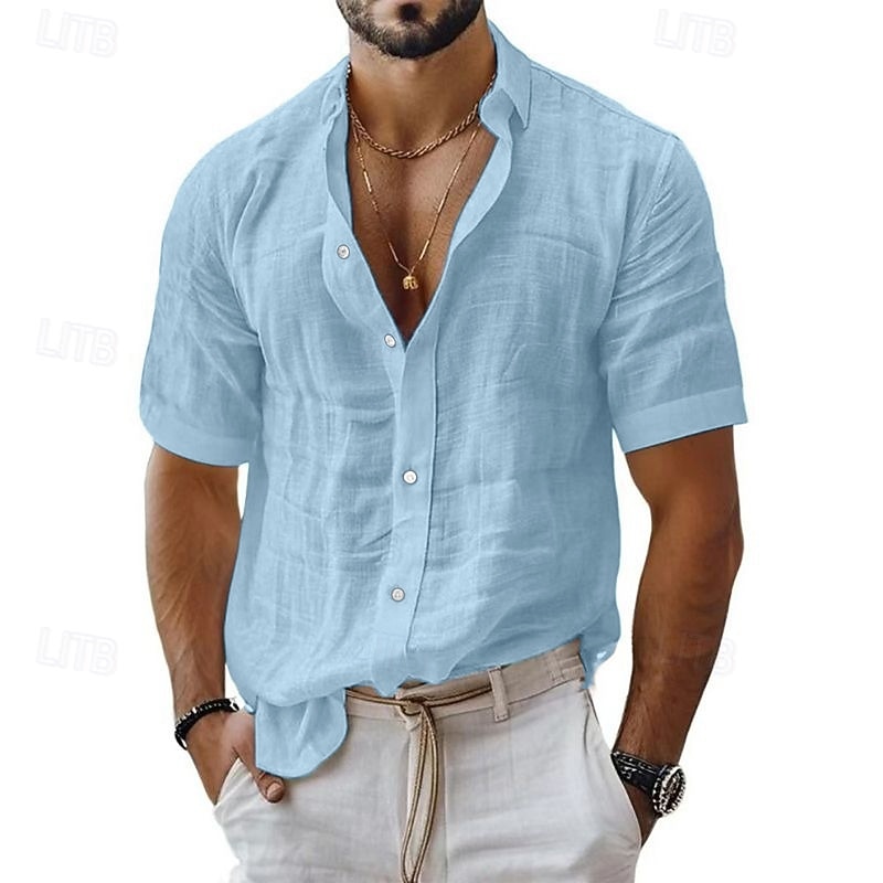 Men's Shirt Linen Shirt Casual Shirt Button Up Shirt Cotton Shirt Plain Vacation Street Black White Pink Blue Short Sleeve Turndown Summer Clothing Apparel