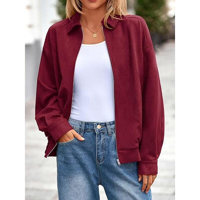Women's Casual Jacket Comfortable Breathable Zipper Casual Plain Vacation Street Casual Daily Wear Zipper Regular Turndown Oversized Long Sleeve Outerwear Black Wine Brown Spring Fall4