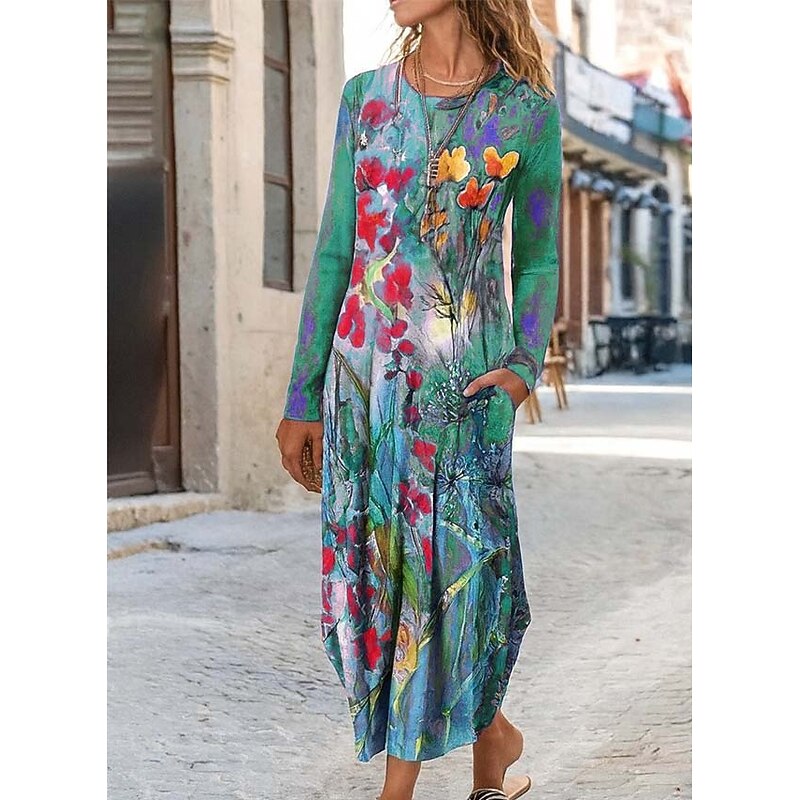 Women's Midi Dress Sheath Dress T Shirt Dress Tee Dress Vacation Casual Daily Regular Fit Floral Graphic Long Sleeve Crew Neck Blue Purple Orange Green Spring Fall Winter Autumn3