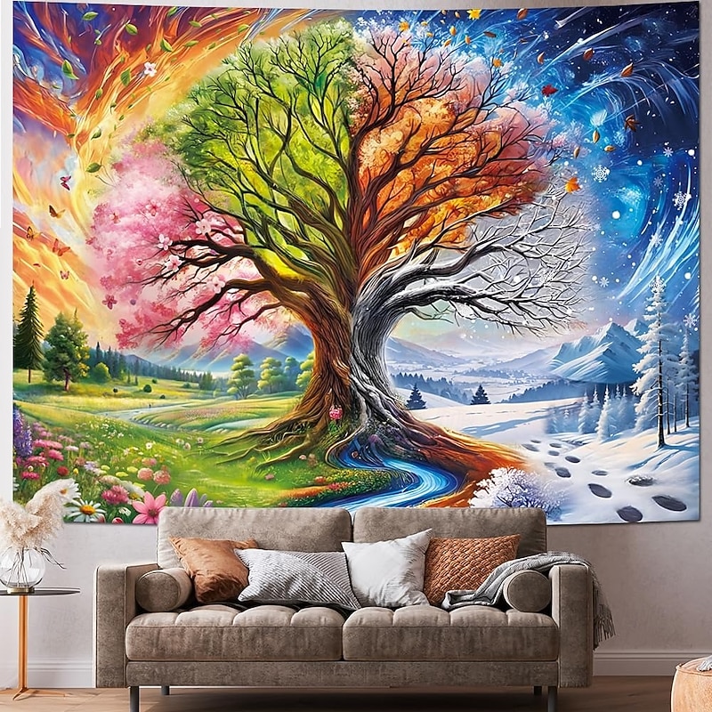 Colorful Tree of Life Tapestry Four Seasons Trees Tapestrie Spring Flower Green Summer Autumn Leaves Winter Snowflake Magical Natural Landscape Wall Hanging for Home Decor 78.7*59.13