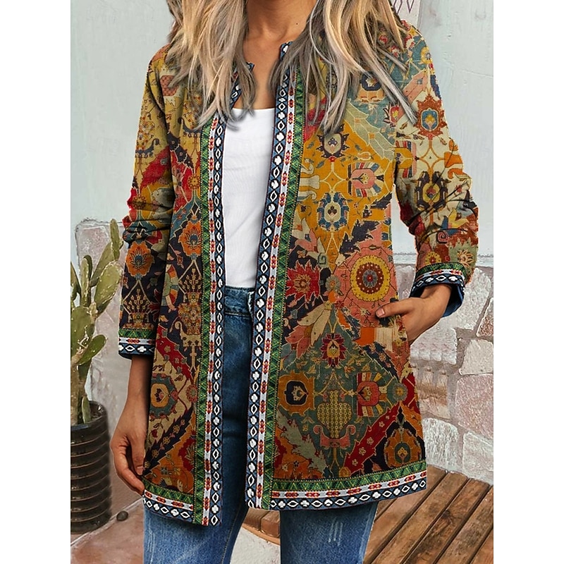 Women's Winter Coat Casual Jacket Warm Quick Dry Pocket Open Front Modern Geometric Casual Daily Casual Daily Regular Crewneck Regular Fit Long Sleeve Outerwear Yellow Navy Blue Purple Spring Fall2