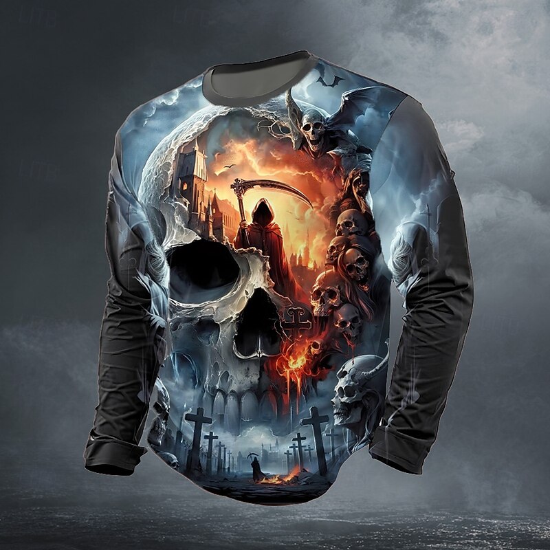 Halloween Men's Skull 3D T Shirt Long Sleeve T shirt 3D Print Crew Neck Shirt Fashion Exaggerated Street Casual Daily Blue Purple Green Summer Spring Fall Clothing Apparel S M L XL XXL XXXL