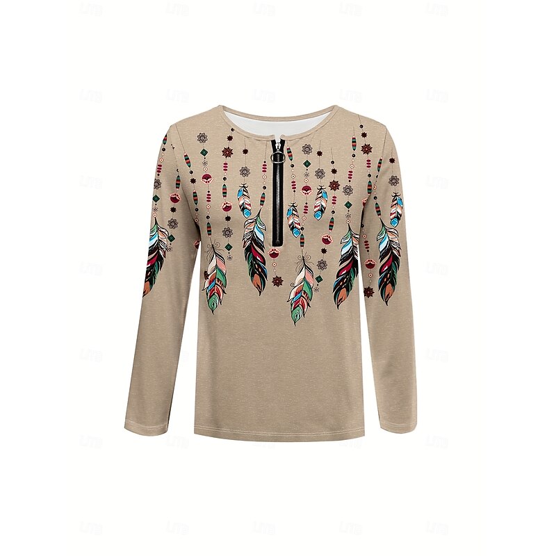 Women's T shirt Long Sleeve Graphic Feather Elegant Vintage Stylish Long Sleeve V Neck Regular Tops Daily Weekend Zipper Print Khaki Spring Fall Prefall2