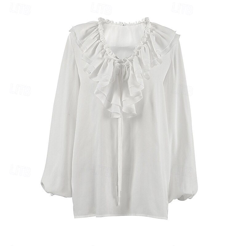 Women's Shirt Solid Color Elegant Stylish Basic Long Sleeve Lantern Sleeve V Neck Regular Tops Daily Holiday Going out Ruffle White Summer Spring Fall4