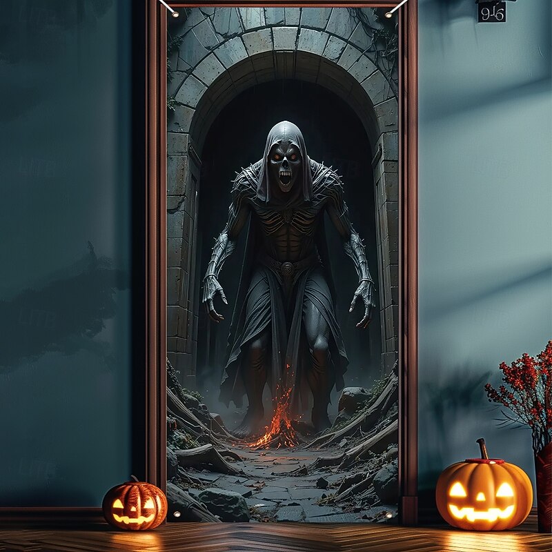 Halloween Door Cover Outdoor Banners Skeleton Grim Reaper Cemetery Psychedelic Dark Punk Gothic Style Party Outdoor Shooting Backgrounds Front Door Wall Porch Home Decor4