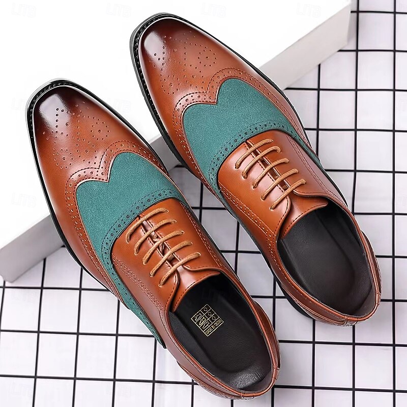 Men's Two-Tone Wingtip Oxford Shoes in Brown and Green – Stylish Faux Leather Brogues for Smart Casual Looks4