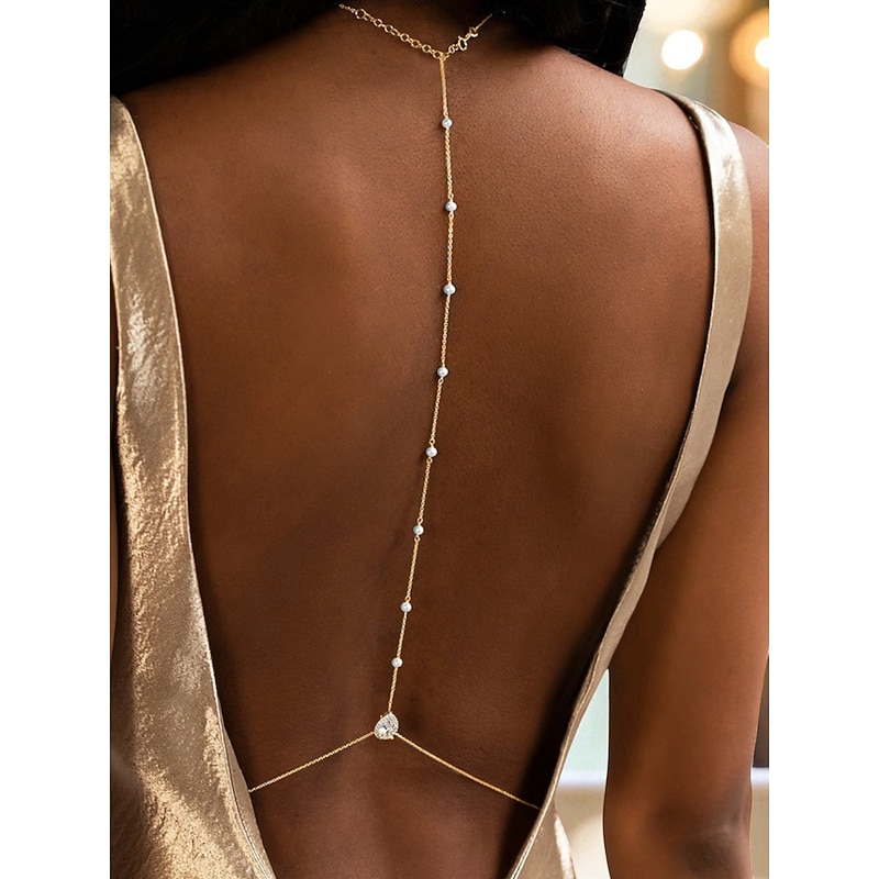 Women's Back Drop Body Chain  Delicate Pearl and Crystal Accents, Elegant Jewelry for Formal Dresses, Evening Parties, Weddings and Special Occasions