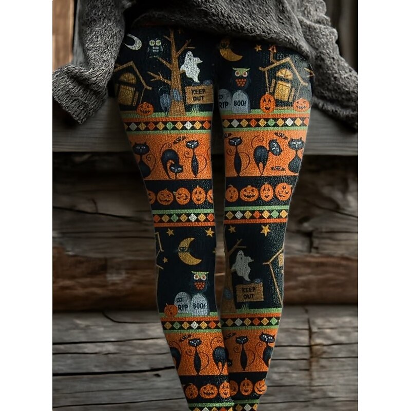 Women's Leggings Vacation Vintage Fashion Full Length High WaistPantsHalloween Graphic Skull Cat Printing Soft Breathable Stretchy Outdoor Vacation Street Dark-Gray Orange Brown Green Spring Fall3