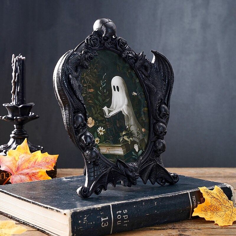 Halloween Ghost Photo Frame, 3D Resin Skeleton Dragon Skull Picture Frame with Spooky Book-Loving Ghost Design, Haunted House Party Decorations and Home Decor for Living Room Bedroom Study4