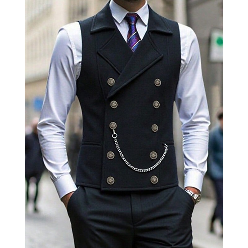 Men's Vest Waistcoat Gilet Vacation Party Business Fashion Casual Spring Fall Buttons Polyester Comfortable Plain Double Breasted Lapel Regular Fit Black Navy Blue Coffee Vest2