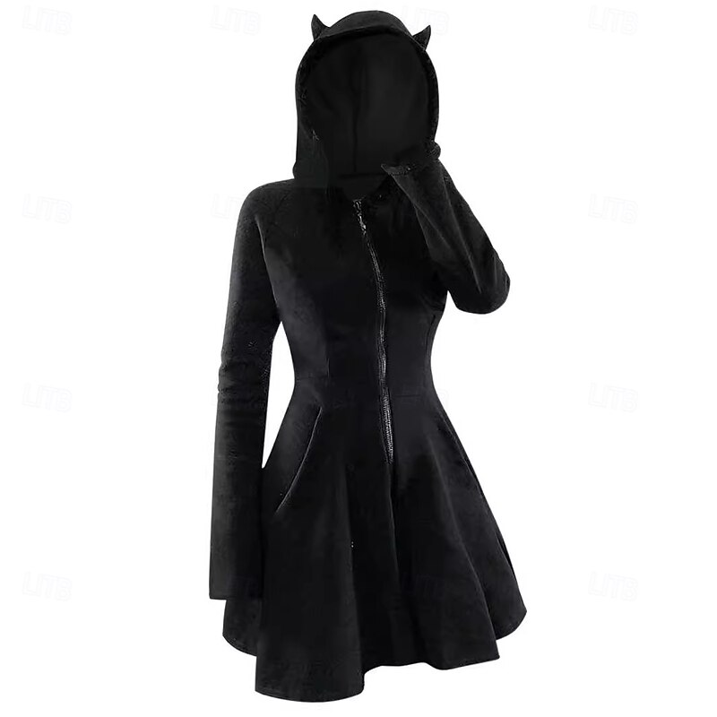 Punk & Gothic Dress Hoodie Little Devil Horn Velvet Zip-Up Fancy Dress Women's Halloween Carnival Performance Party Adults' Dress Fall Winter