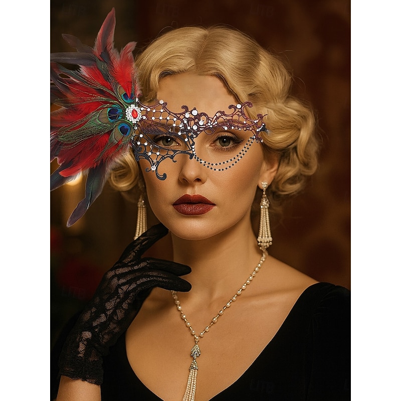 Women's Green Feather Lace Masquerade Mask with Peacock Details and Rhinestone Accents, Vintage Gothic Costume Accessory for Halloween Party