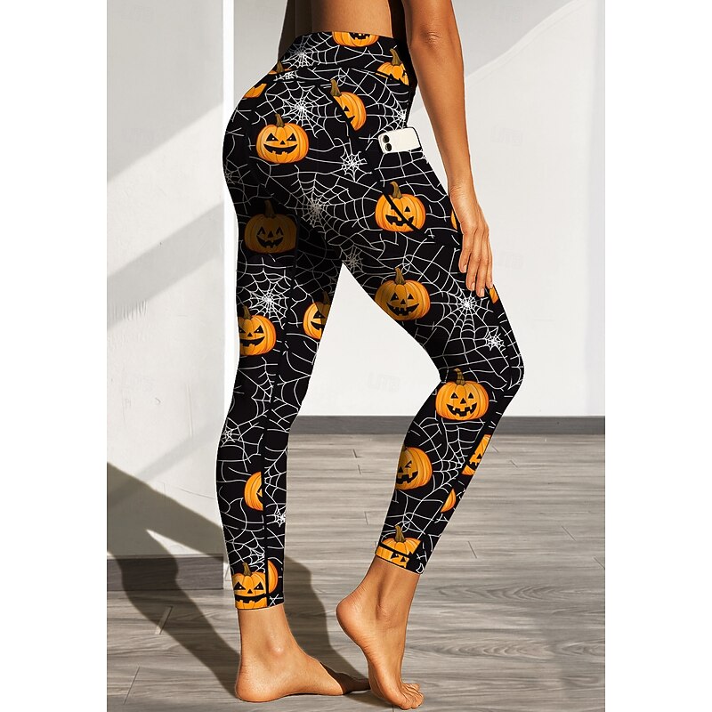 Women's pilates leggings fitness pants Gym Leggings Pockets Stamp Duty Side Pockets Pilates Gym Gym Workout Pants Tights Leggings Graphic Halloween Black / Orange Sports Activewear Stretchy Tight Fit3