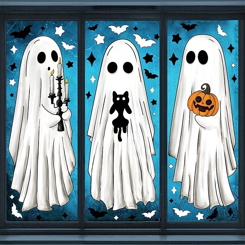 6 Sheet Halloween Window Clings Large Halloween Ghosts Window Decals Double Side Scary Ghosts Bat Stickers for Holiday Home Office School Decor Glass Decoration2