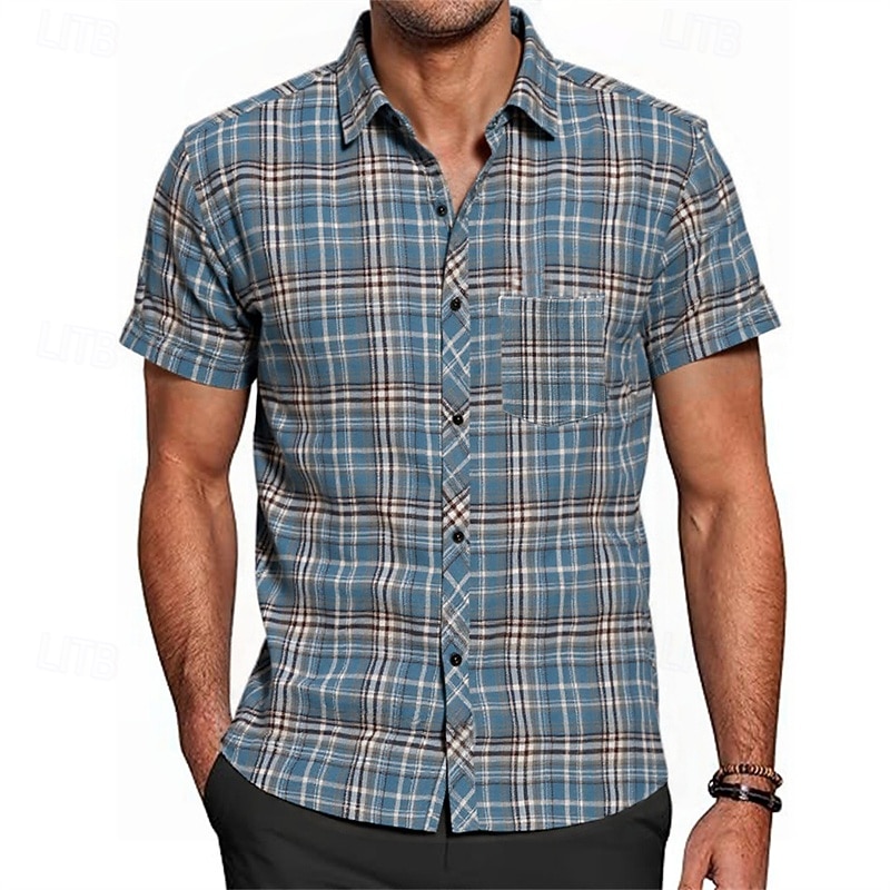 Men's Shirt Summer Shirt Casual Shirt Beach Shirt Button Up Shirt Yellow Red Blue Short Sleeve Plaid Lapel Vacation Hawaiian Pocket Clothing Apparel Fashion Casual Comfortable