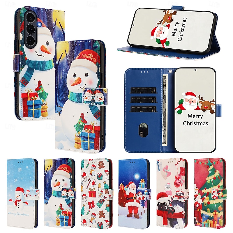 Phone Case For iPhone 17 Pro Max 17 Air 16 15 14 Pro Max Plus 16e 13 Mini Back Cover with Wrist Strap Kickstand Card Slot Christmas TPU PU Leather