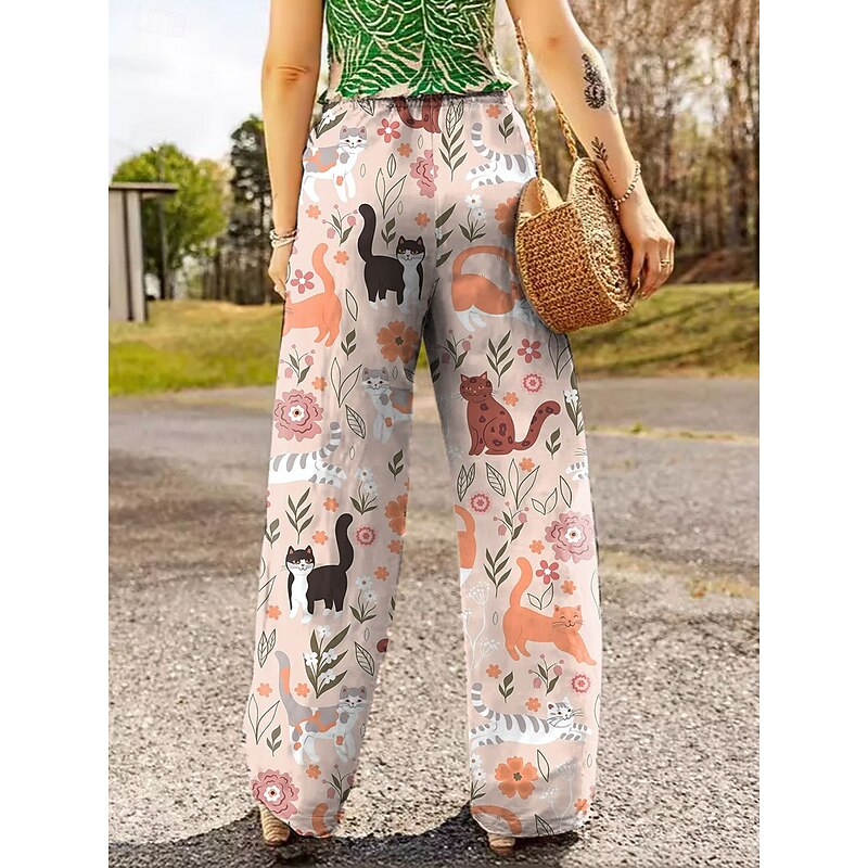Women's Wide Leg Chinos Baggy Pants Vacation Vintage Fashion Full Length High Waist Floral Graphic Cat Wide Leg Printing Soft Breathable Inelastic Formal Vacation Street Blue Purple Orange Green2