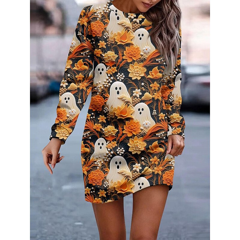 Halloween Women's Sweatshirt Dress Ghost Print Mini Dress Shift Dress Casual Weekend Regular Fit Graphic Long Sleeve Crew Neck Black Blue Orange Gray Spring Fall Winter